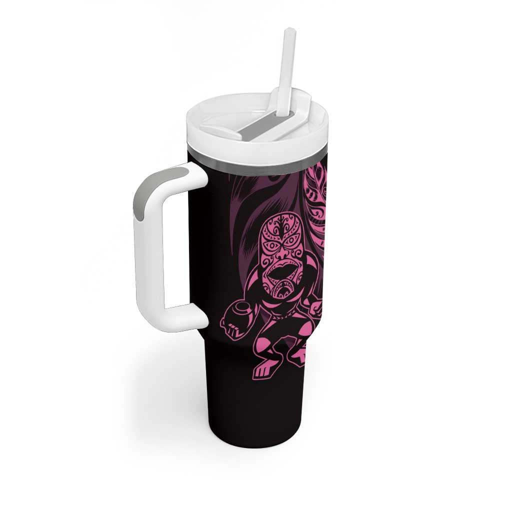New Zealand Lawn Bowls Custom Tumbler With Handle Pink Maori Warrior Tribal Silver Fern - Polynesian Pride
