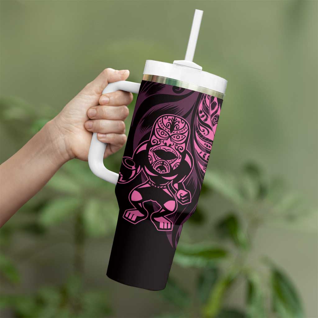 New Zealand Lawn Bowls Custom Tumbler With Handle Pink Maori Warrior Tribal Silver Fern - Polynesian Pride