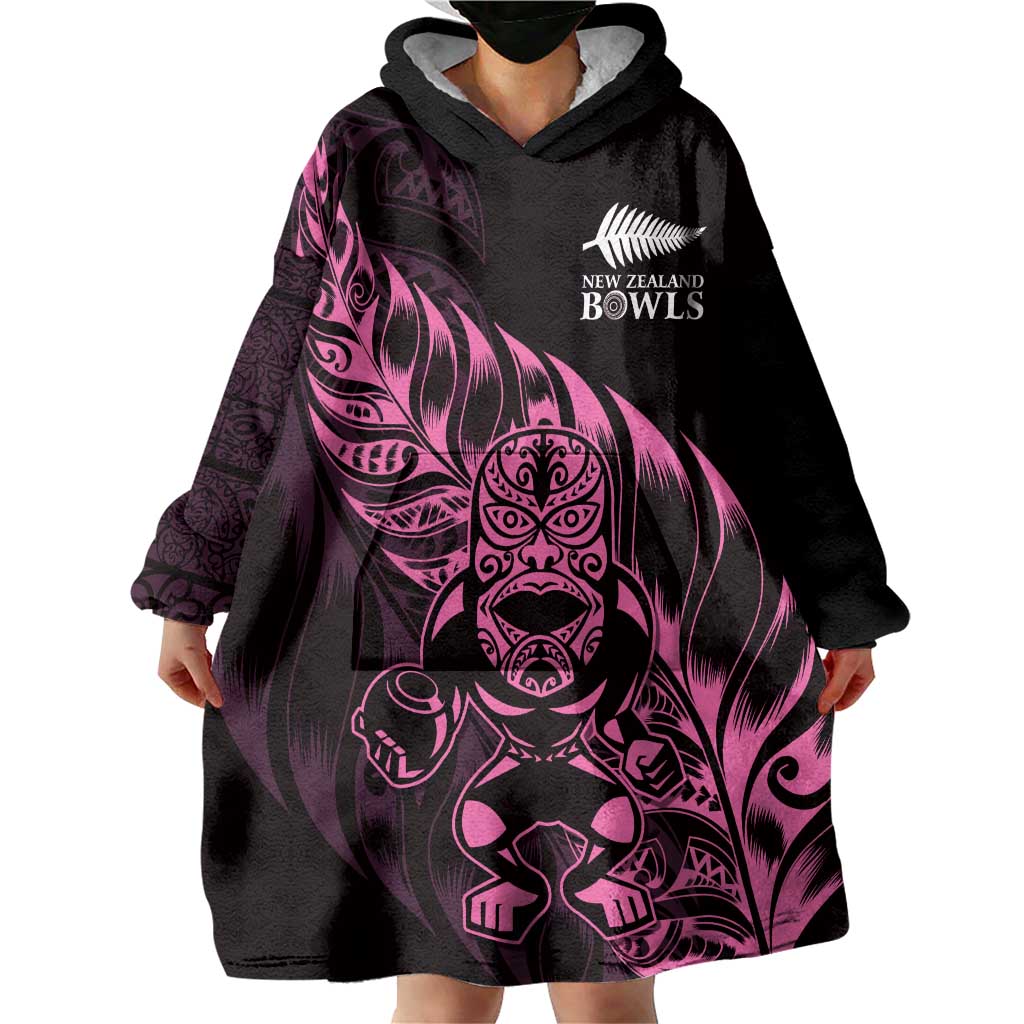 New Zealand Lawn Bowls Custom Wearable Blanket Hoodie Pink Maori Warrior Tribal Silver Fern - Polynesian Pride