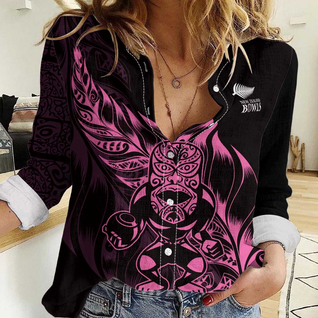 New Zealand Lawn Bowls Custom Women Casual Shirt Pink Maori Warrior Tribal Silver Fern - Polynesian Pride