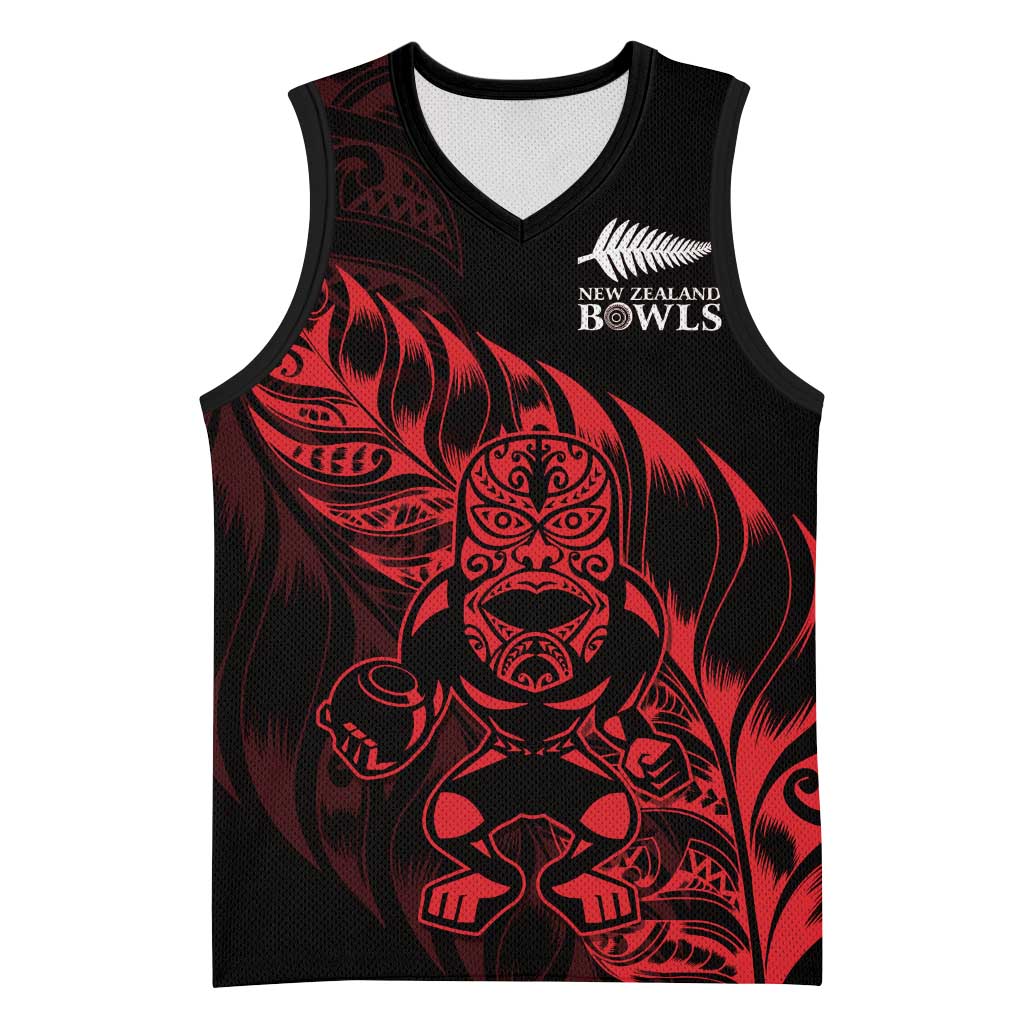 New Zealand Lawn Bowls Custom Basketball Jersey Red Maori Warrior Tribal Silver Fern - Polynesian Pride