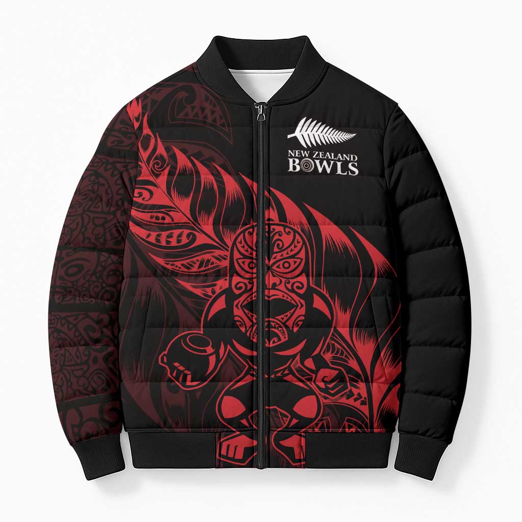 New Zealand Lawn Bowls Custom Bomber Puffer Jacket Red Maori Warrior Tribal Silver Fern - Polynesian Pride