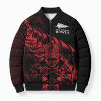 New Zealand Lawn Bowls Custom Bomber Puffer Jacket Red Maori Warrior Tribal Silver Fern - Polynesian Pride