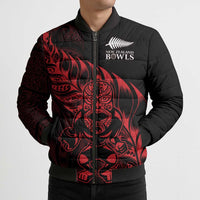 New Zealand Lawn Bowls Custom Bomber Puffer Jacket Red Maori Warrior Tribal Silver Fern - Polynesian Pride