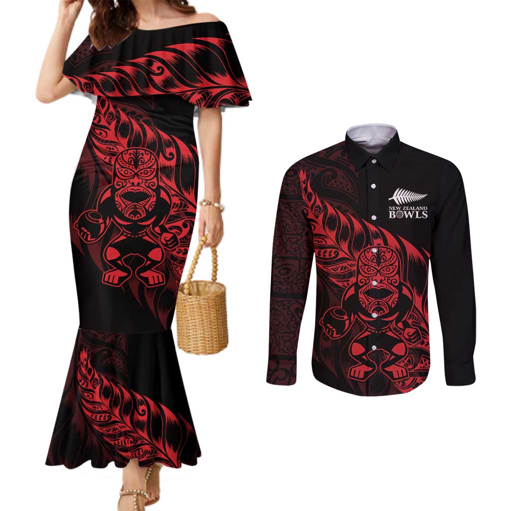 New Zealand Lawn Bowls Custom Couples Matching Mermaid Dress and Long Sleeve Button Shirt Red Maori Warrior Tribal Silver Fern LT9 Red - Polynesian Pride
