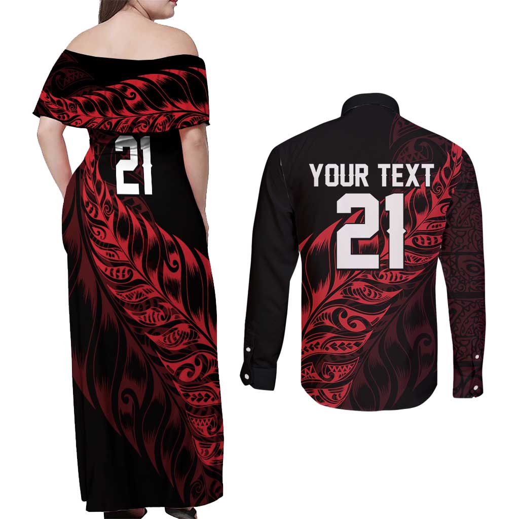 New Zealand Lawn Bowls Custom Couples Matching Off Shoulder Maxi Dress and Long Sleeve Button Shirt Red Maori Warrior Tribal Silver Fern - Polynesian Pride