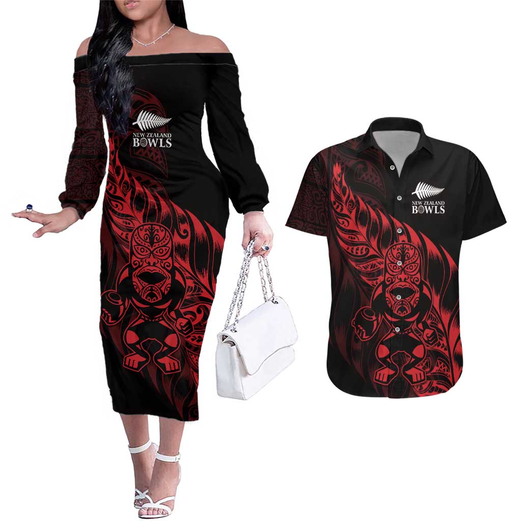New Zealand Lawn Bowls Custom Couples Matching Off The Shoulder Long Sleeve Dress and Hawaiian Shirt Red Maori Warrior Tribal Silver Fern - Polynesian Pride