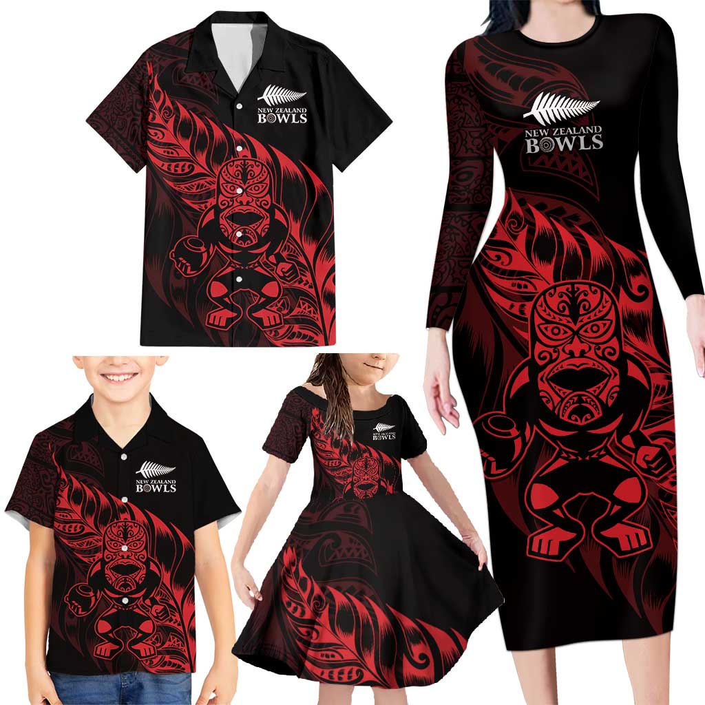 New Zealand Lawn Bowls Custom Family Matching Long Sleeve Bodycon Dress and Hawaiian Shirt Red Maori Warrior Tribal Silver Fern - Polynesian Pride