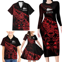 New Zealand Lawn Bowls Custom Family Matching Long Sleeve Bodycon Dress and Hawaiian Shirt Red Maori Warrior Tribal Silver Fern - Polynesian Pride