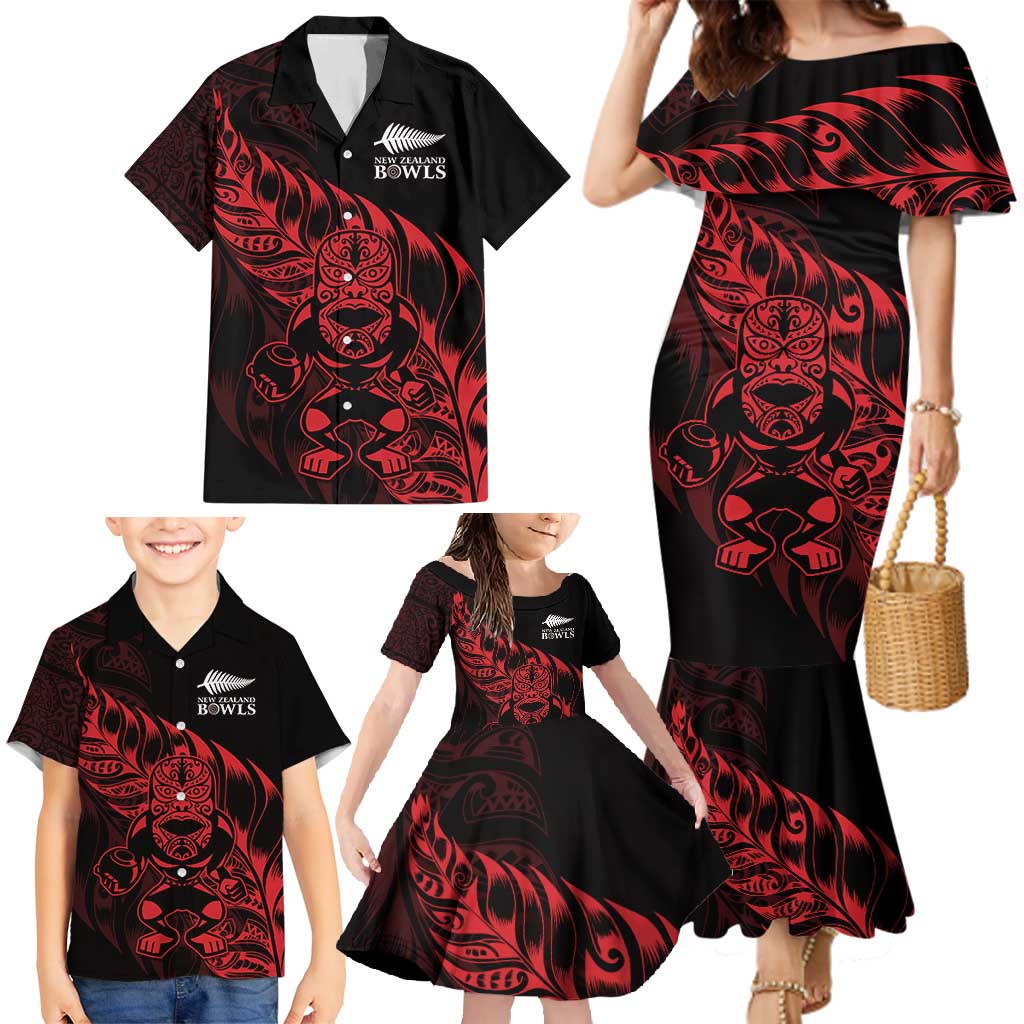 New Zealand Lawn Bowls Custom Family Matching Mermaid Dress and Hawaiian Shirt Red Maori Warrior Tribal Silver Fern - Polynesian Pride