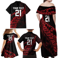 New Zealand Lawn Bowls Custom Family Matching Off Shoulder Maxi Dress and Hawaiian Shirt Red Maori Warrior Tribal Silver Fern - Polynesian Pride
