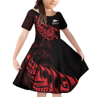 New Zealand Lawn Bowls Custom Family Matching Off Shoulder Short Dress and Hawaiian Shirt Red Maori Warrior Tribal Silver Fern - Polynesian Pride