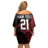 New Zealand Lawn Bowls Custom Family Matching Off Shoulder Short Dress and Hawaiian Shirt Red Maori Warrior Tribal Silver Fern - Polynesian Pride