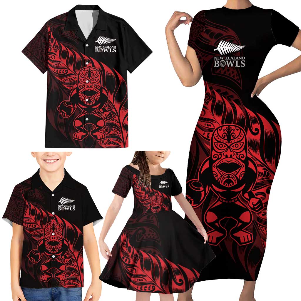 New Zealand Lawn Bowls Custom Family Matching Short Sleeve Bodycon Dress and Hawaiian Shirt Red Maori Warrior Tribal Silver Fern - Polynesian Pride