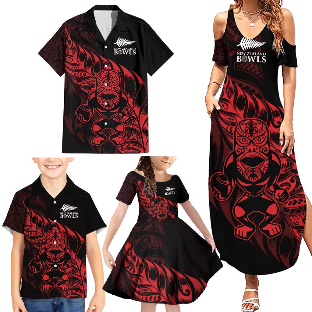 New Zealand Lawn Bowls Custom Family Matching Summer Maxi Dress and Hawaiian Shirt Red Maori Warrior Tribal Silver Fern - Polynesian Pride
