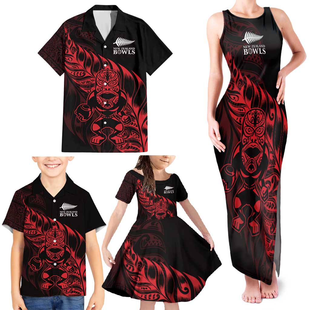 New Zealand Lawn Bowls Custom Family Matching Tank Maxi Dress and Hawaiian Shirt Red Maori Warrior Tribal Silver Fern - Polynesian Pride
