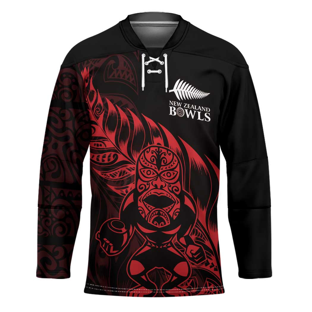 New Zealand Lawn Bowls Custom Hockey Jersey Red Maori Warrior Tribal Silver Fern - Polynesian Pride