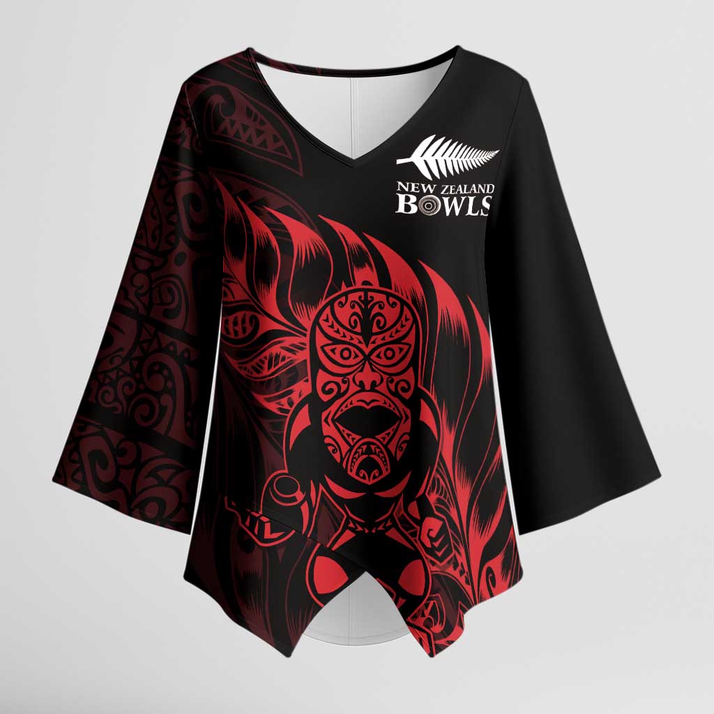 New Zealand Lawn Bowls Custom Kimono Sleeve Blouse Red Maori Warrior Tribal Silver Fern - Polynesian Pride