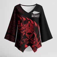 New Zealand Lawn Bowls Custom Kimono Sleeve Blouse Red Maori Warrior Tribal Silver Fern - Polynesian Pride