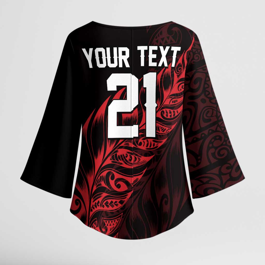 New Zealand Lawn Bowls Custom Kimono Sleeve Blouse Red Maori Warrior Tribal Silver Fern - Polynesian Pride