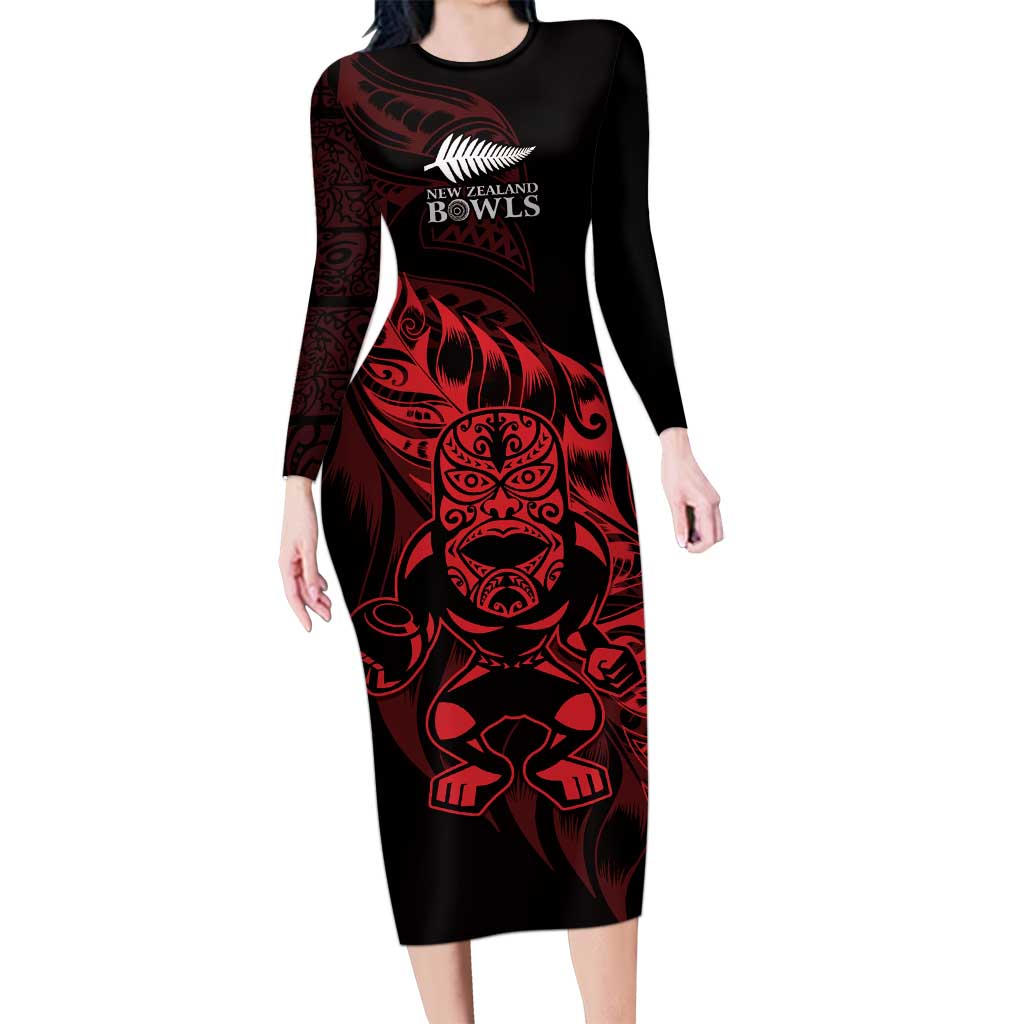 New Zealand Lawn Bowls Custom Long Sleeve Bodycon Dress Red Maori Warrior Tribal Silver Fern - Polynesian Pride