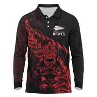 New Zealand Lawn Bowls Custom Long Sleeve Polo Shirt Red Maori Warrior Tribal Silver Fern - Polynesian Pride