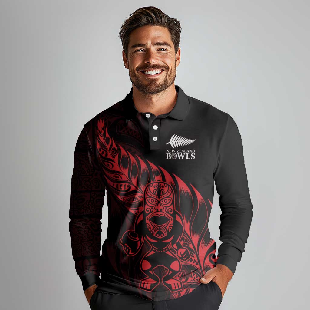 New Zealand Lawn Bowls Custom Long Sleeve Polo Shirt Red Maori Warrior Tribal Silver Fern - Polynesian Pride