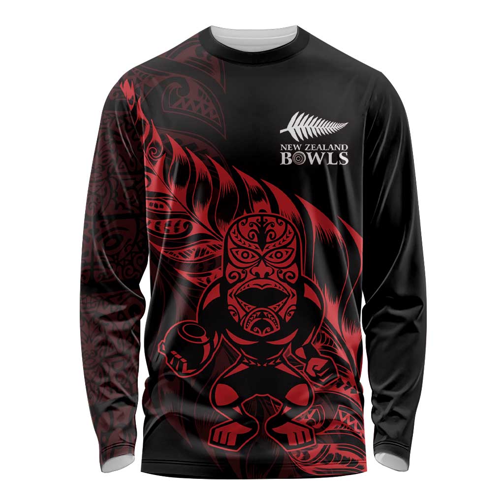 New Zealand Lawn Bowls Custom Long Sleeve Shirt Red Maori Warrior Tribal Silver Fern - Polynesian Pride