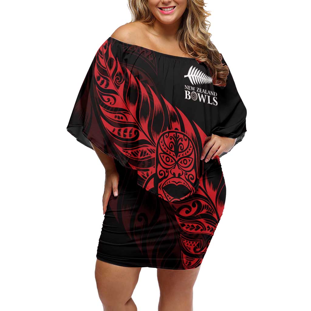 New Zealand Lawn Bowls Custom Off Shoulder Short Dress Red Maori Warrior Tribal Silver Fern - Polynesian Pride