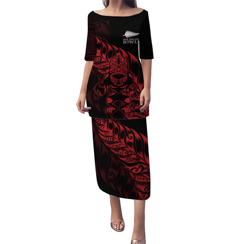 New Zealand Lawn Bowls Custom Puletasi Red Maori Warrior Tribal Silver Fern - Polynesian Pride