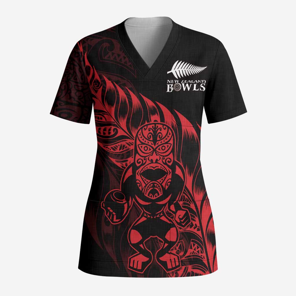 New Zealand Lawn Bowls Custom Scrub Top Red Maori Warrior Tribal Silver Fern - Polynesian Pride