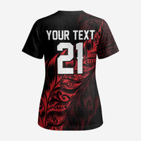 New Zealand Lawn Bowls Custom Scrub Top Red Maori Warrior Tribal Silver Fern - Polynesian Pride