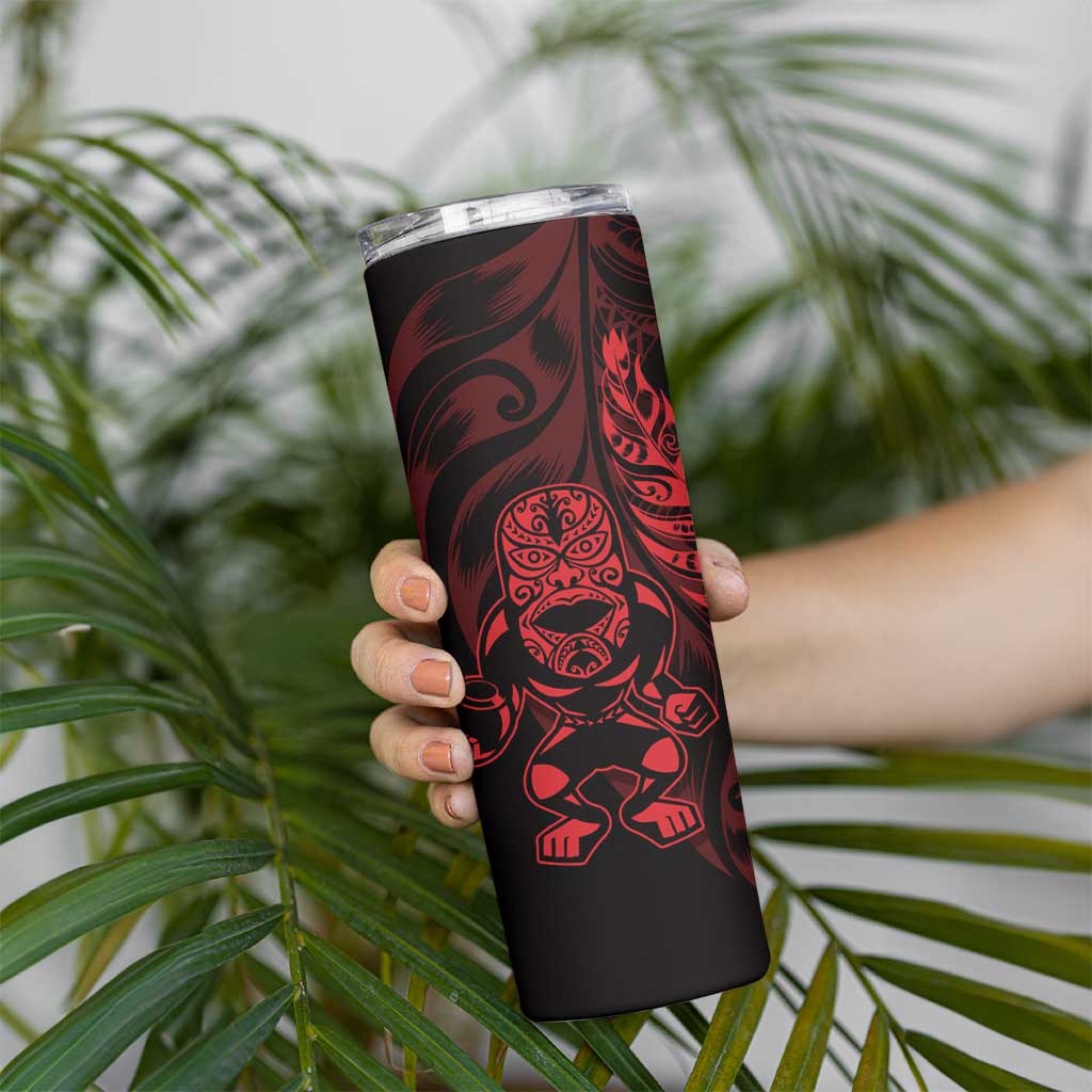 New Zealand Lawn Bowls Custom Skinny Tumbler Red Maori Warrior Tribal Silver Fern - Polynesian Pride