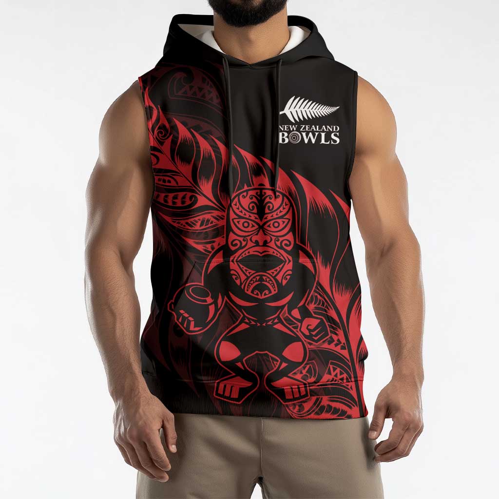 New Zealand Lawn Bowls Custom Sleeveless Hoodie Red Maori Warrior Tribal Silver Fern - Polynesian Pride