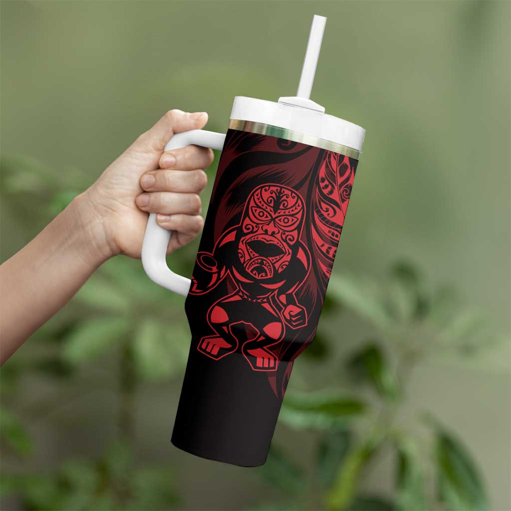 New Zealand Lawn Bowls Custom Tumbler With Handle Red Maori Warrior Tribal Silver Fern - Polynesian Pride