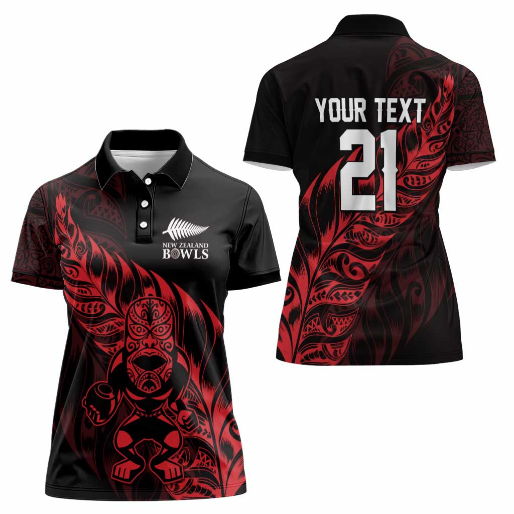 New Zealand Lawn Bowls Custom Women Polo Shirt Red Maori Warrior Tribal Silver Fern - Polynesian Pride