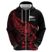 New Zealand Lawn Bowls Custom Zip Hoodie Red Maori Warrior Tribal Silver Fern - Polynesian Pride