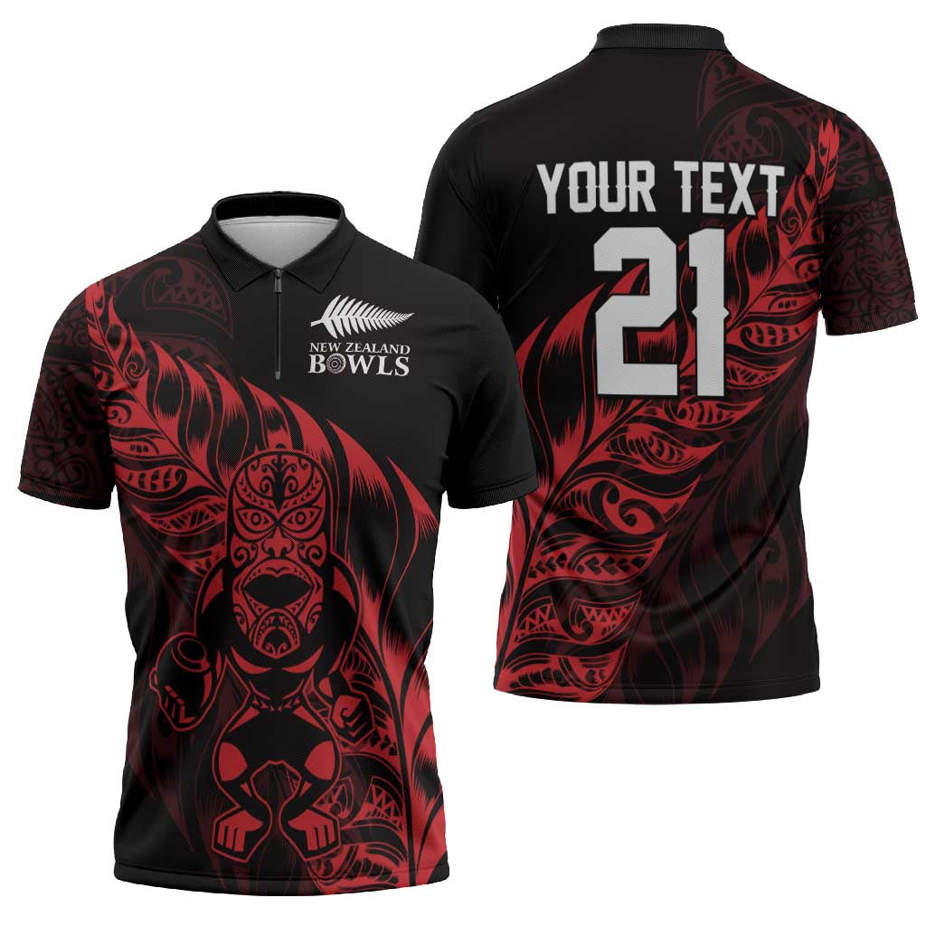 New Zealand Lawn Bowls Custom Zipper Polo Shirt Red Maori Warrior Tribal Silver Fern - Polynesian Pride