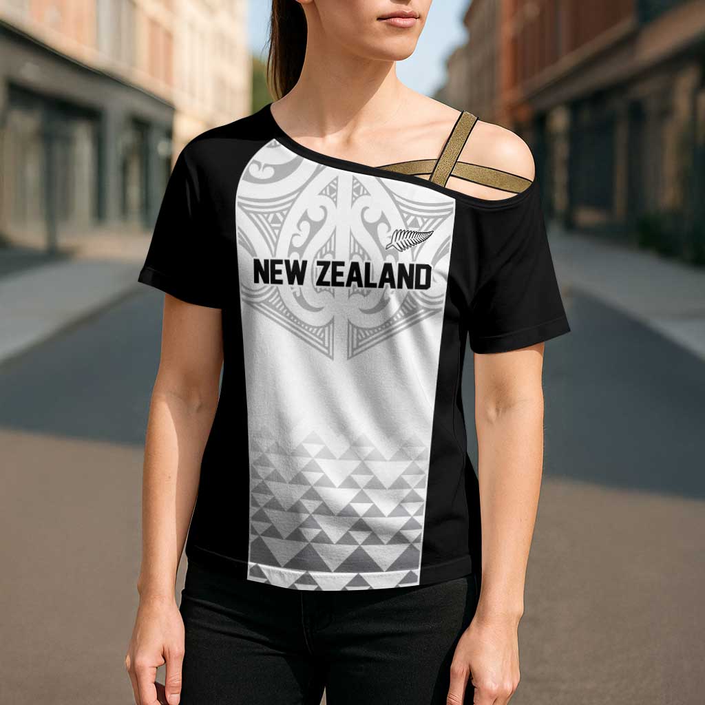 World Football 2026 New Zealand Custom Cross Shoulder Shirt All White Fern Maori Tribal LT9 - Polynesian Pride