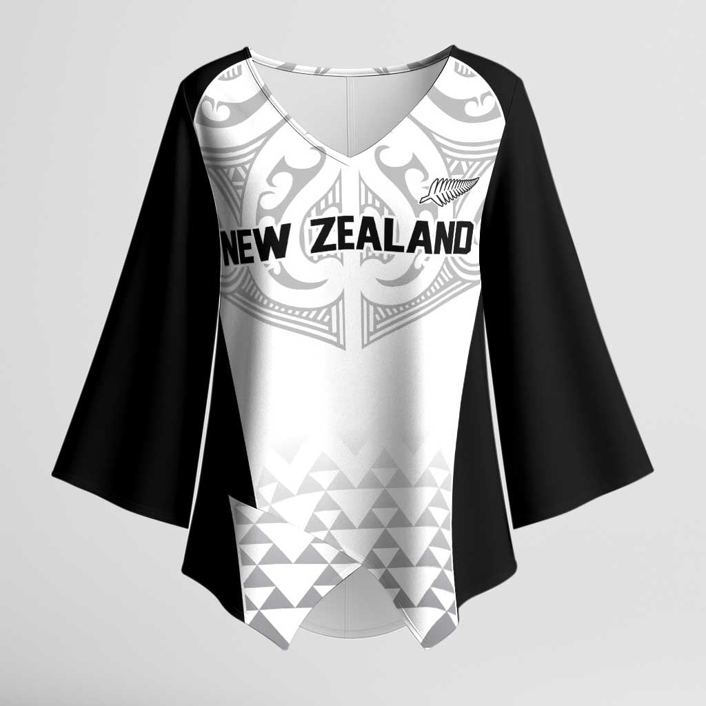 World Football 2026 New Zealand Custom Kimono Sleeve Blouse All White Fern Maori Tribal LT9 Female White - Polynesian Pride