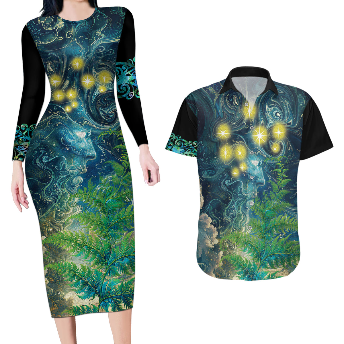 New Zealand Matariki Waipuna-a-rangi Couples Matching Long Sleeve Bodycon Dress and Hawaiian Shirt He Roimata o Rangi LT9 Black - Polynesian Pride