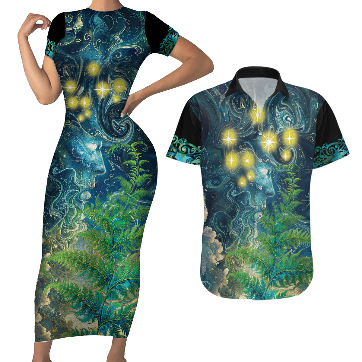 New Zealand Matariki Waipuna-a-rangi Couples Matching Short Sleeve Bodycon Dress and Hawaiian Shirt He Roimata o Rangi LT9 Black - Polynesian Pride