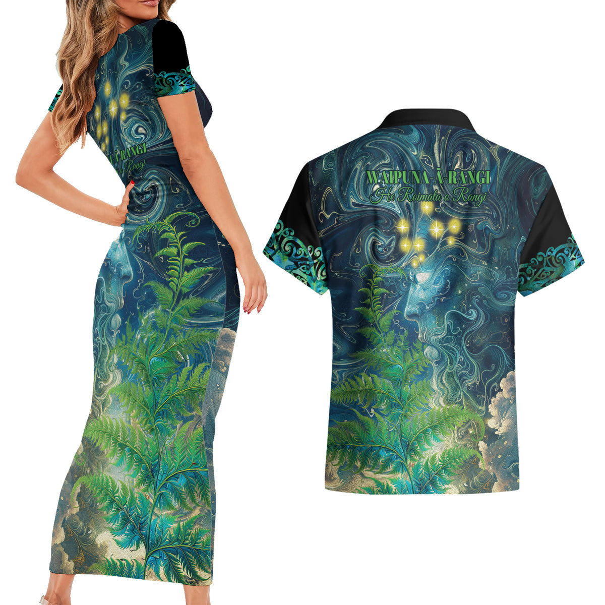 New Zealand Matariki Waipuna-a-rangi Couples Matching Short Sleeve Bodycon Dress and Hawaiian Shirt He Roimata o Rangi LT9 - Polynesian Pride