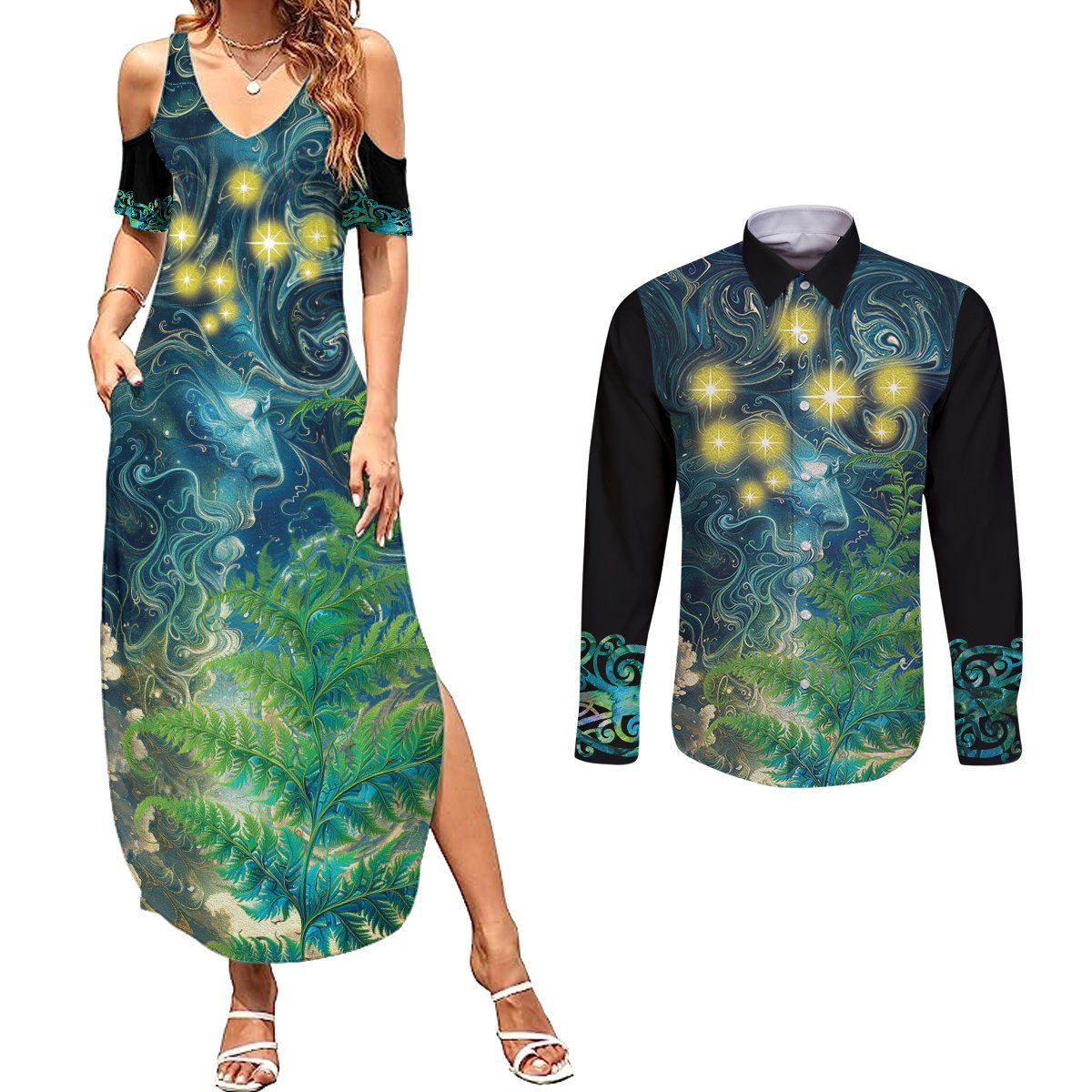 New Zealand Matariki Waipuna-a-rangi Couples Matching Summer Maxi Dress and Long Sleeve Button Shirt He Roimata o Rangi LT9 Black - Polynesian Pride