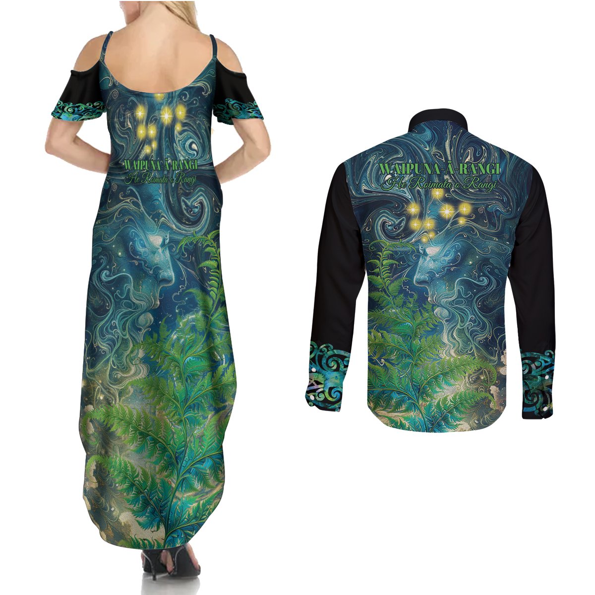New Zealand Matariki Waipuna-a-rangi Couples Matching Summer Maxi Dress and Long Sleeve Button Shirt He Roimata o Rangi LT9 - Polynesian Pride