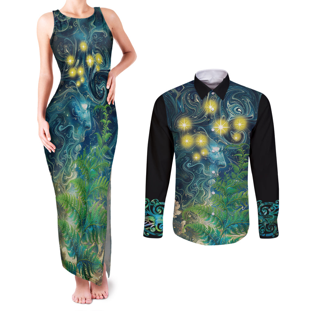 New Zealand Matariki Waipuna-a-rangi Couples Matching Tank Maxi Dress and Long Sleeve Button Shirt He Roimata o Rangi LT9 Black - Polynesian Pride