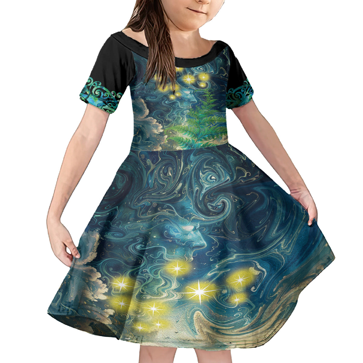 New Zealand Matariki Waipuna-a-rangi Family Matching Puletasi and Hawaiian Shirt He Roimata o Rangi LT9 Daughter's Dress Black - Polynesian Pride