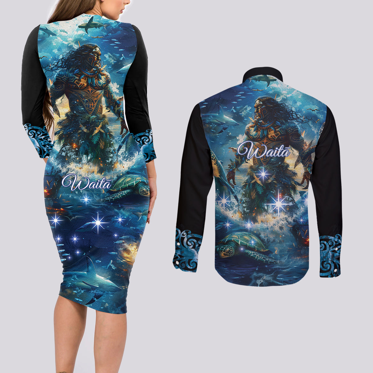 New Zealand Matariki Waita Couples Matching Long Sleeve Bodycon Dress and Long Sleeve Button Shirt The Way Of The Water LT9 - Polynesian Pride
