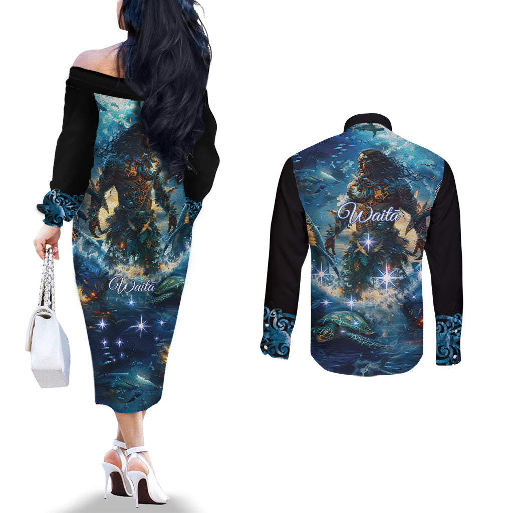 New Zealand Matariki Waita Couples Matching Off The Shoulder Long Sleeve Dress and Long Sleeve Button Shirt The Way Of The Water LT9 - Polynesian Pride
