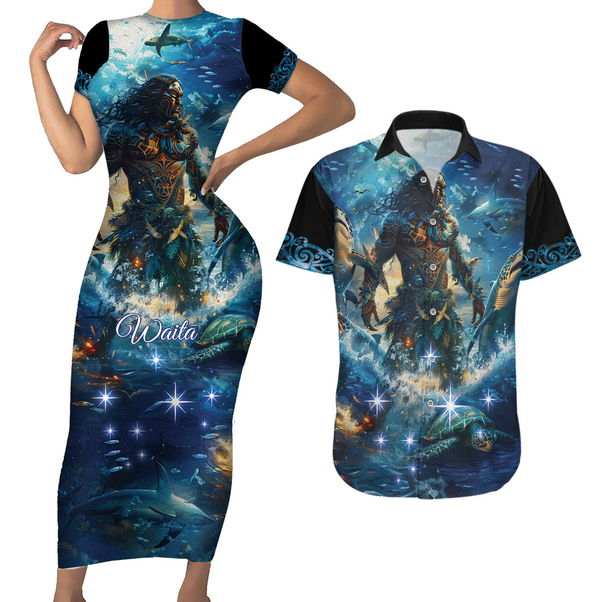 New Zealand Matariki Waita Couples Matching Short Sleeve Bodycon Dress and Hawaiian Shirt The Way Of The Water LT9 Black - Polynesian Pride